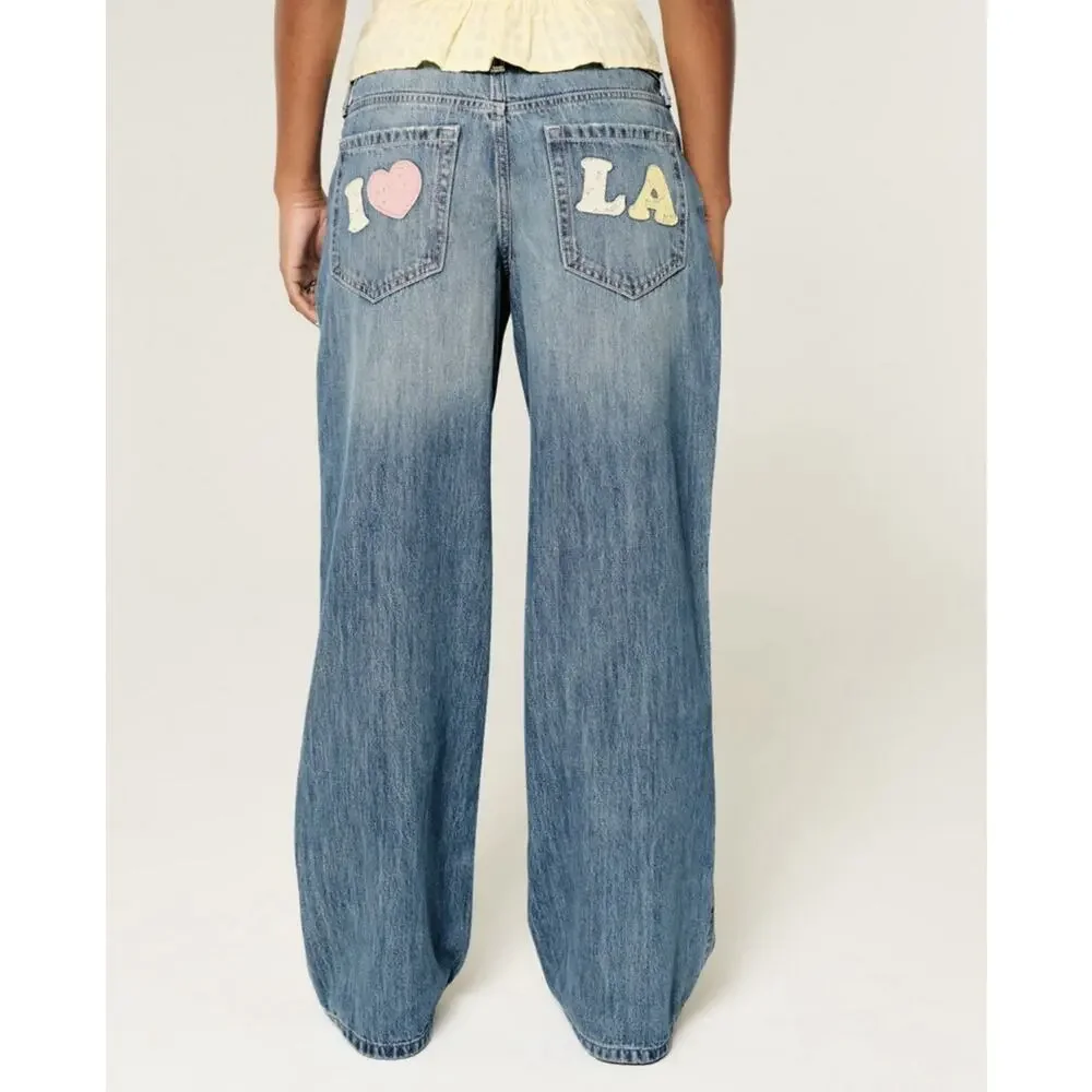 Hollister Low Rise Medium Wash Los Angeles Graphic Baggy Jeans Size 0R Waist 25